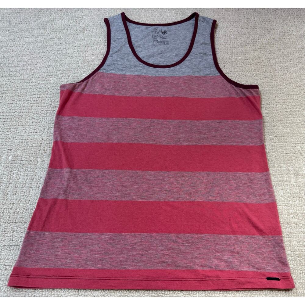 On The Byas Men’s Medium Tank Top Cotton Blend Heather Gray Red Stripes Summer